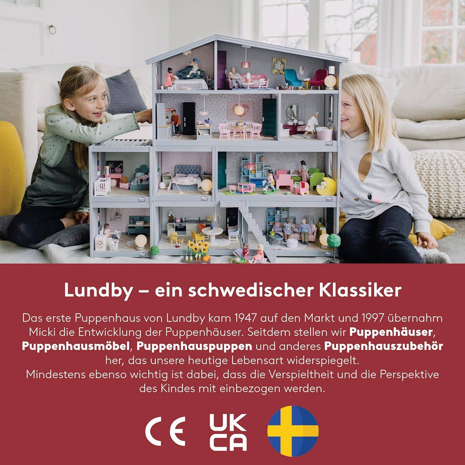Zwei Kinder spielen mit einem detaillierten Puppenhaus, das mehrere Zimmer zeigt. Der Text unten beschreibt Lundby als eine klassische schwedische Marke.