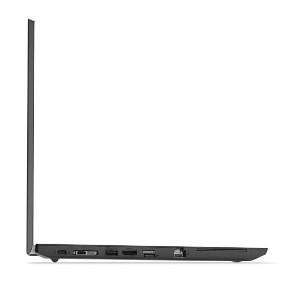Ein schlankes Laptop, von der Seite betrachtet, mit verschiedenen Anschlüssen einschließlich USB, HDMI und Ethernet vor einem weißen Hintergrund.