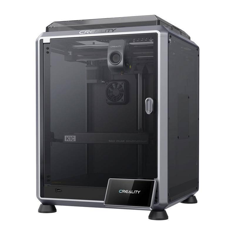 Ein Creality 3D-Drucker mit elegantem schwarzem und grauem Design, mit geschlossenem Rahmen und sichtbaren inneren Komponenten, steht auf weißem Hintergrund.