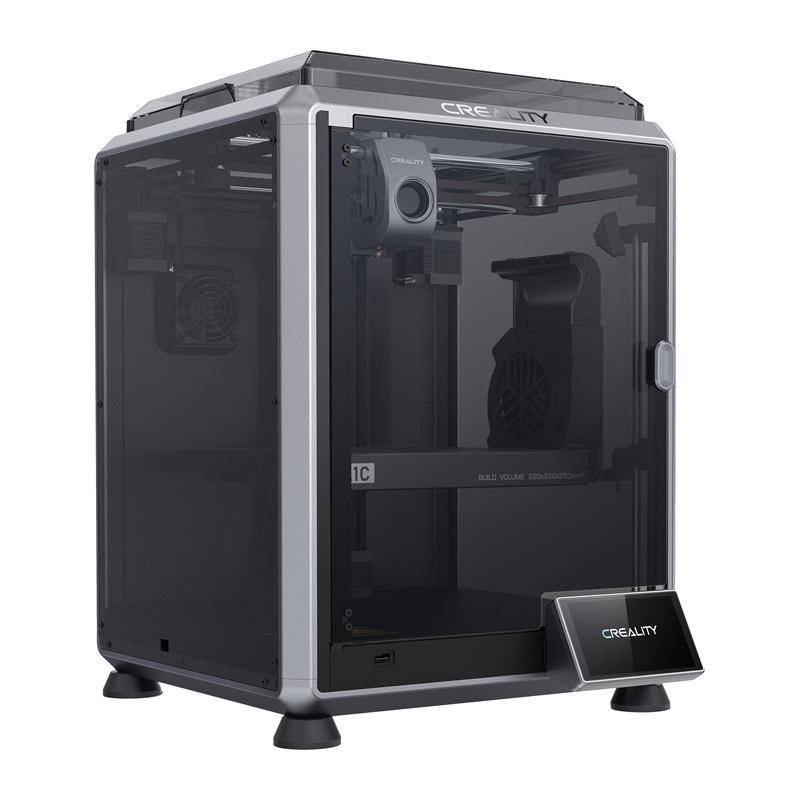 Ein schwarzer Creality 3D-Drucker mit transparenter Frontplatte, der seine innere Struktur und Komponenten zeigt und zum 3D-Druck bereit ist.