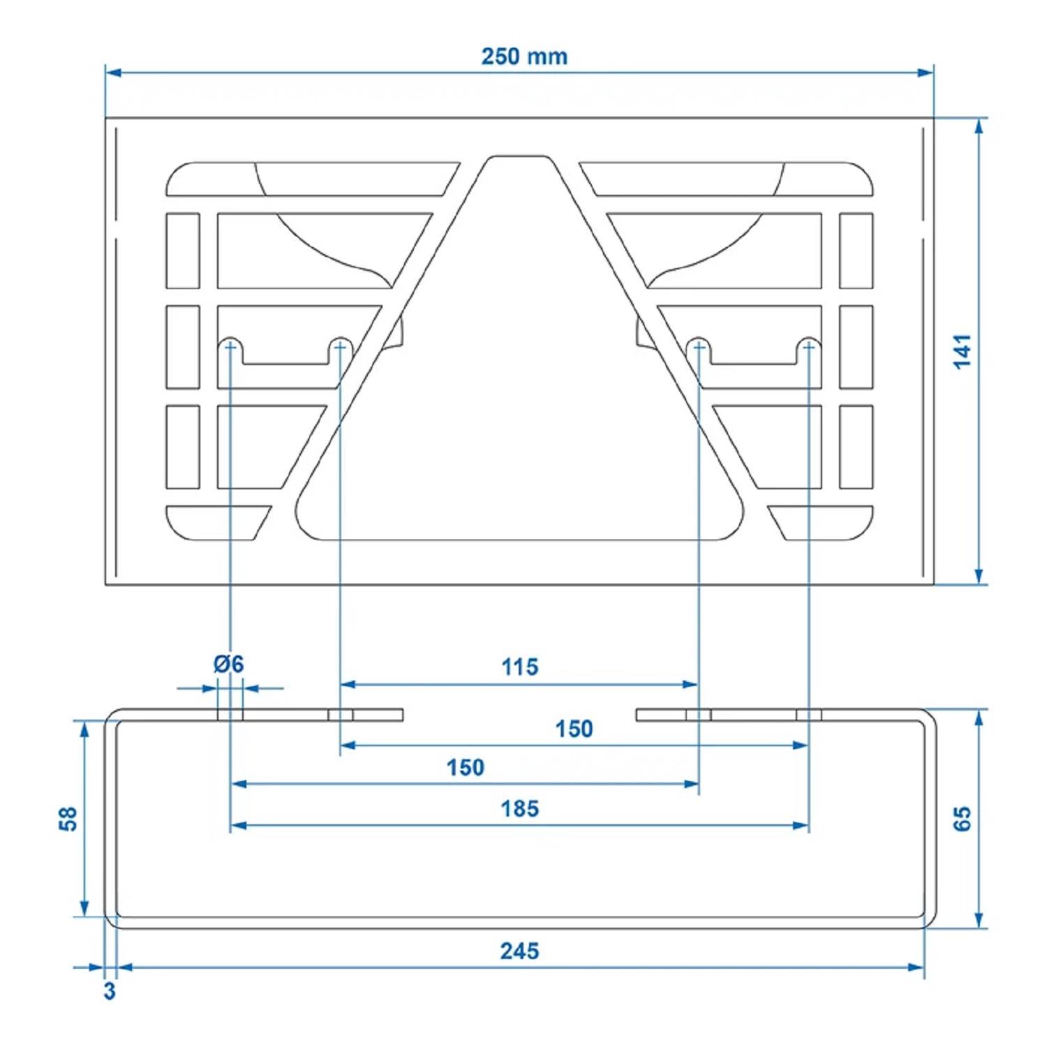 Ein technisches Diagramm zeigt die Abmessungen einer Montageklammer: Gesamtbreite 250 mm, Höhe 141 mm. Verschiedene Abschnitte sind mit Messwerten markiert.