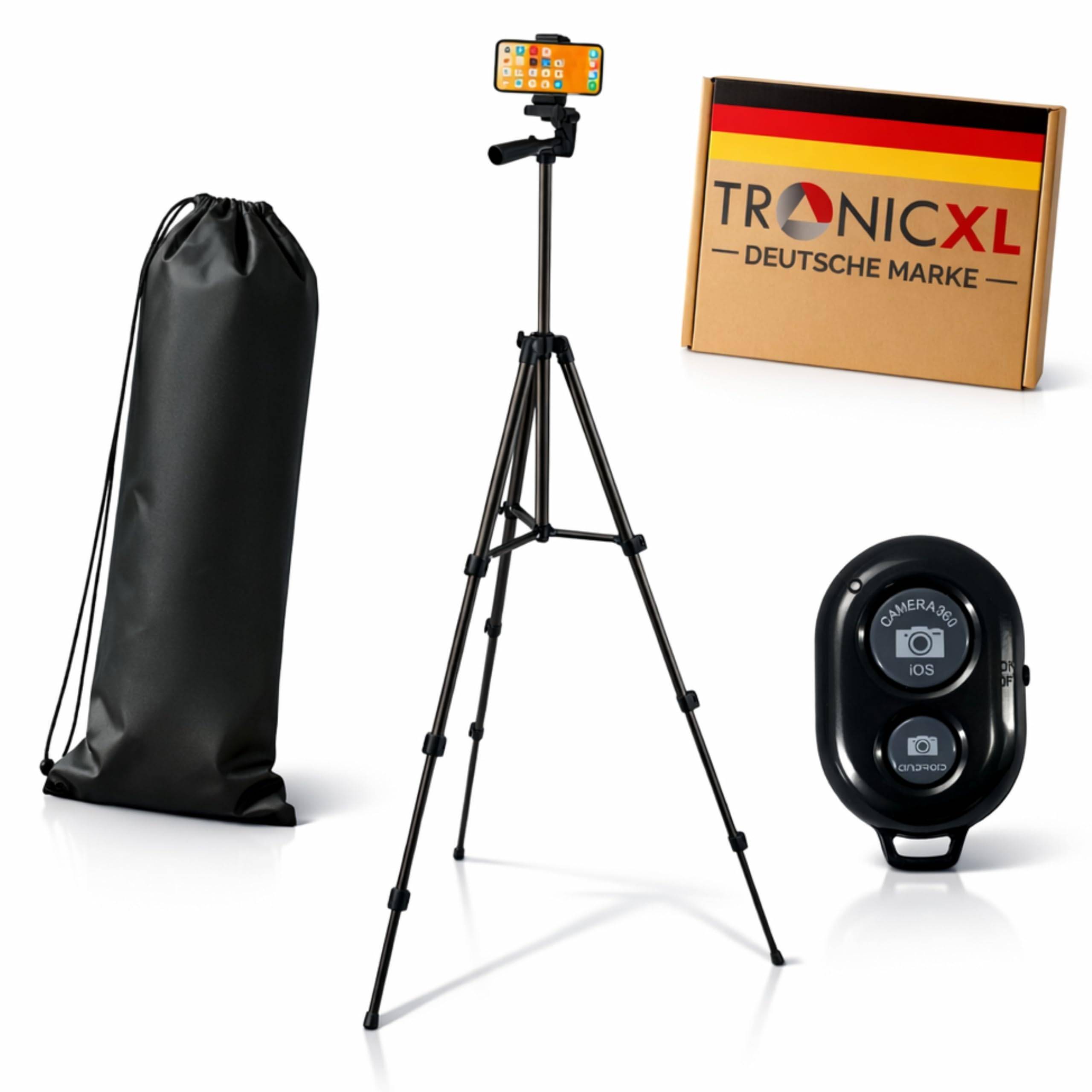 Stativset beinhaltet einen klappbaren Ständer mit Smartphone-Halterung, eine Fernauslöser für iOS und Android und eine Tragetasche.