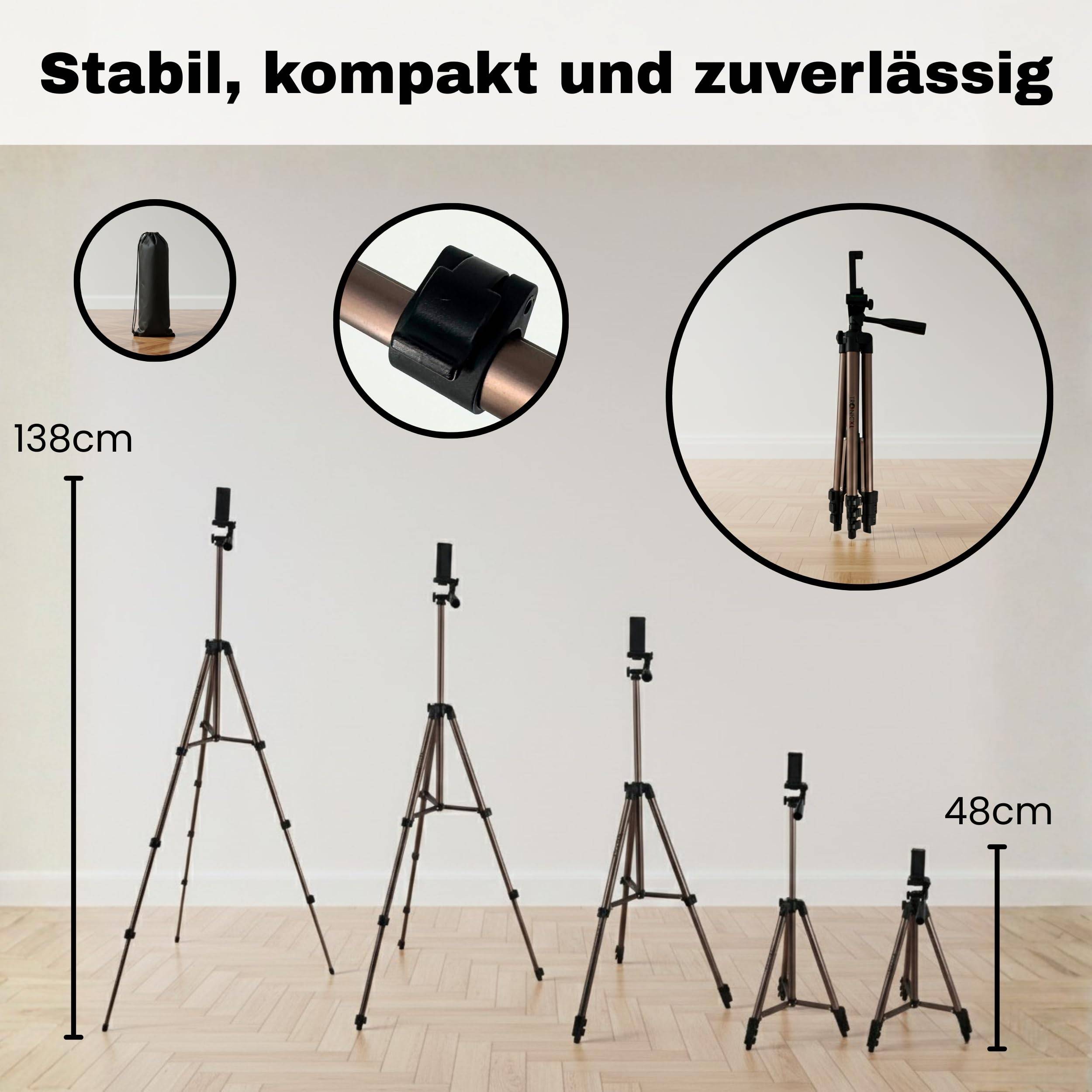 TronicXL Handystativ Stativ mit Fernbedienung & Tasche I Tripod für Smartphone Handy mit Selbstauslöser Wasserwaage passend für Apple iPhoneHöhenv