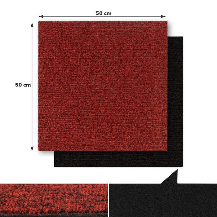 Roter Teppichbelag, 50 cm x 50 cm, dargestellt mit Nahaufnahme-Detail und schwarzer Rückseite.
