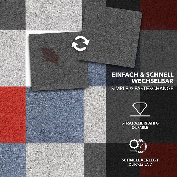 Ein modulares Teppichsystem mit einer ausgetauschten Fliese. Der Text hebt die folgenden Merkmale hervor: „Einfacher & schneller Austausch