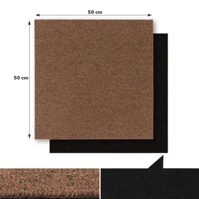 Brauner Teppich mit umgeklappter Ecke, die die schwarze Unterseite zeigt. Symbole darunter zeigen Schalldämmung, Selbstklebendheit und Eignung für Fußbodenheizung an.