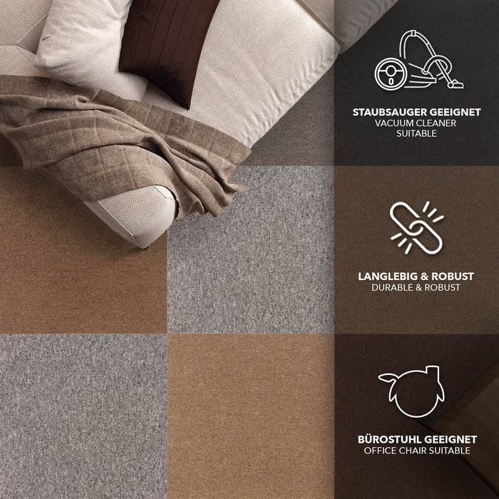 Eine Person mit Beinen, die auf einer gepolsterten Oberfläche ruhen, mit Text-Symbolen, die Merkmale zeigen: für Staubsauger geeignet, langlebig, bürostuhlgeeignet.