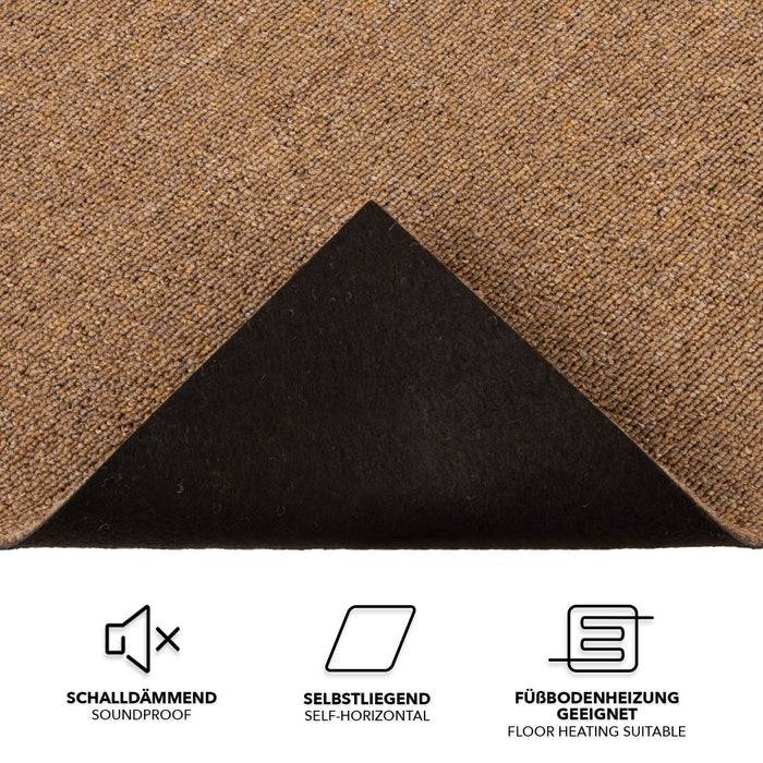 Brauner strukturierter Teppich mit selbsthorizontaler Rückseite, schalldicht und für Fußbodenheizung geeignet. Symbole zeigen Schalldämmung und Heizungsfunktionen an.