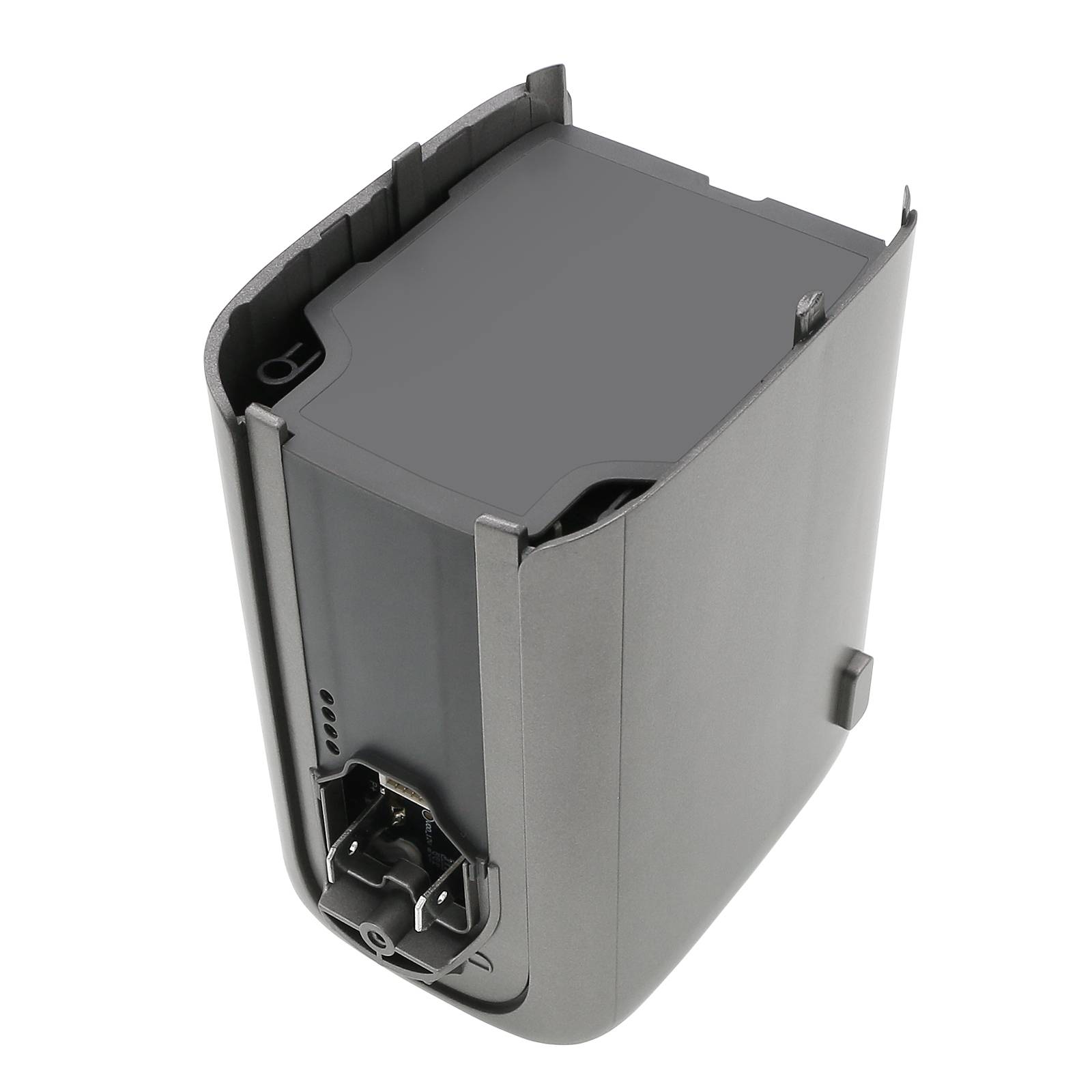 Ein graues elektronisches Gerät, wahrscheinlich eine Batterie oder Stromversorgungseinheit, mit einem offenen Fach und sichtbaren Anschlüssen.