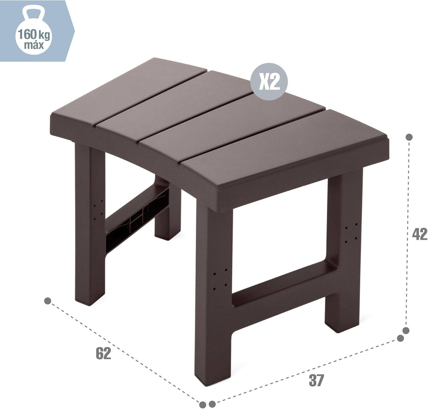 Ein brauner Kunststoff-Gartenschemel mit den Maßen 62 cm breit, 37 cm tief und 40 cm hoch, trägt bis zu 160 kg. Zwei identische Schemel abgebildet.