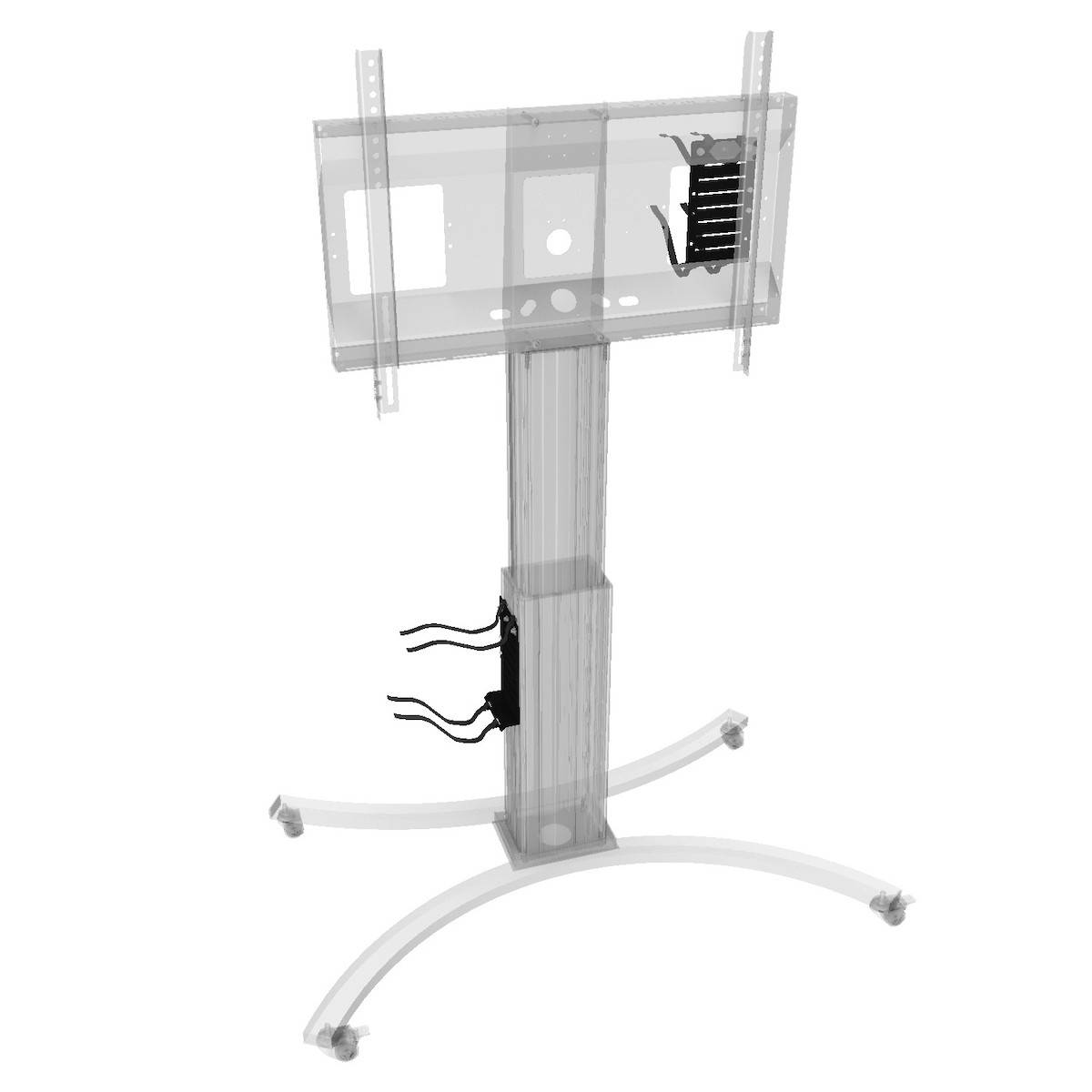 Eine transparente TV-Wandhalterung mit verstellbaren Komponenten und einer vertikalen Stützstütze mit gekrümmten Basiserweiterungen.