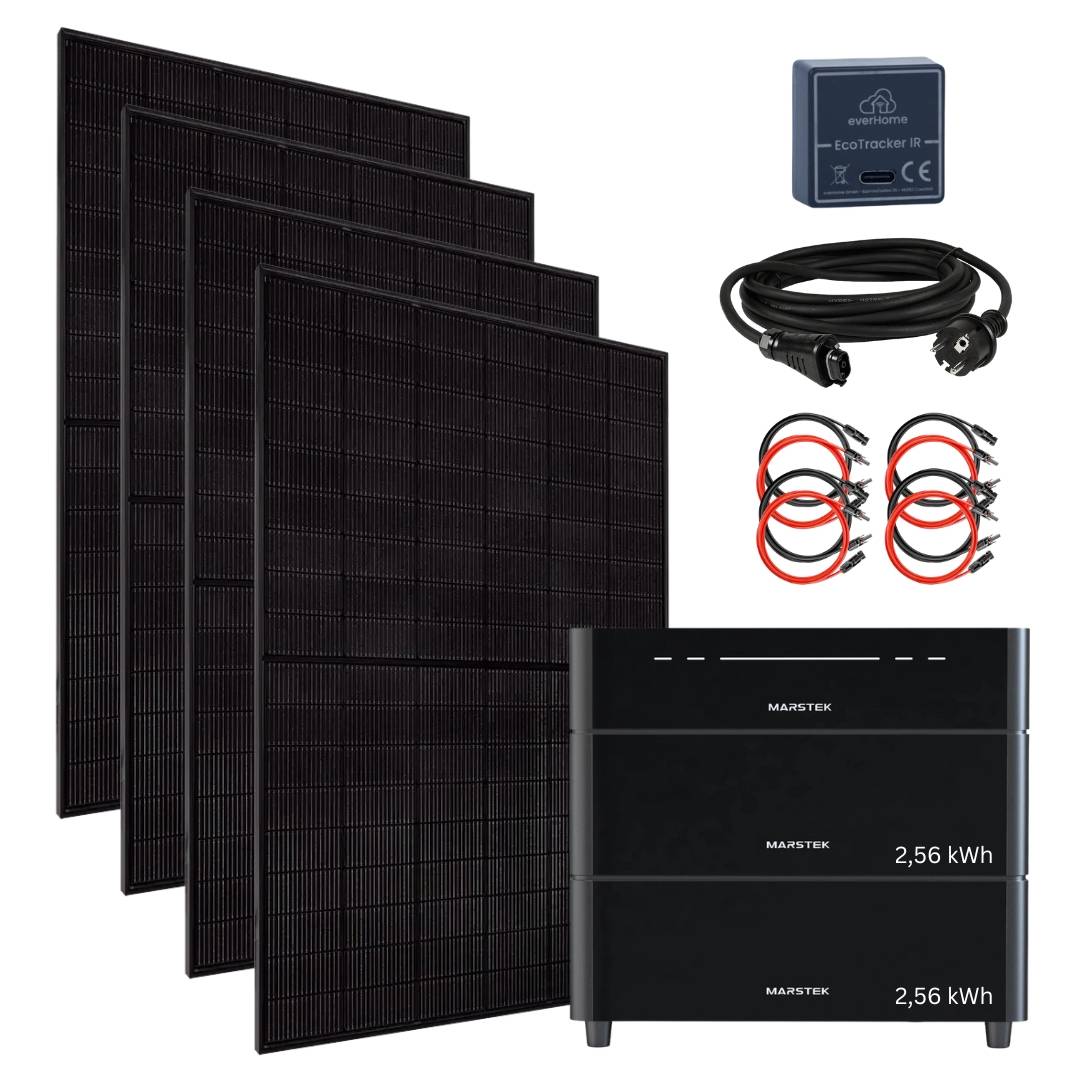 Solarpanelpaket mit vier Paneelen, Batteriespeichereinheit mit Bezeichnung 2,56 kWh, Verbindungskabel und EcoTracker-Gerät