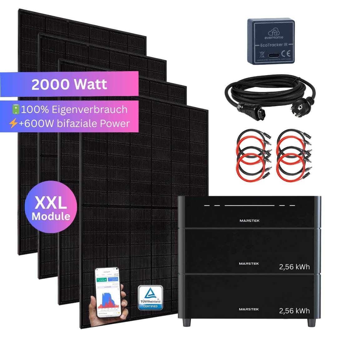 MASETEX XXL Module' Solaranlage mit 2000W Paneelen, bifazialer Leistung, Batteriespeicher, Kabeln und App-Konnektivität; MASETEX XXL Modul Logo enthalten.