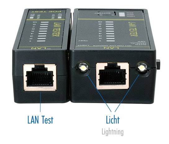 Zwei nebeneinander angeordnete LAN-Tester mit gekennzeichneten Anschlüssen: einer für 