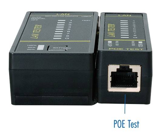 Ein LAN-Testgerät mit Anschlüssen und LED-Indikatoren zum Testen von Kabelverbindungen. Die Beschriftung zeigt einen POE-Testanschluss an.
