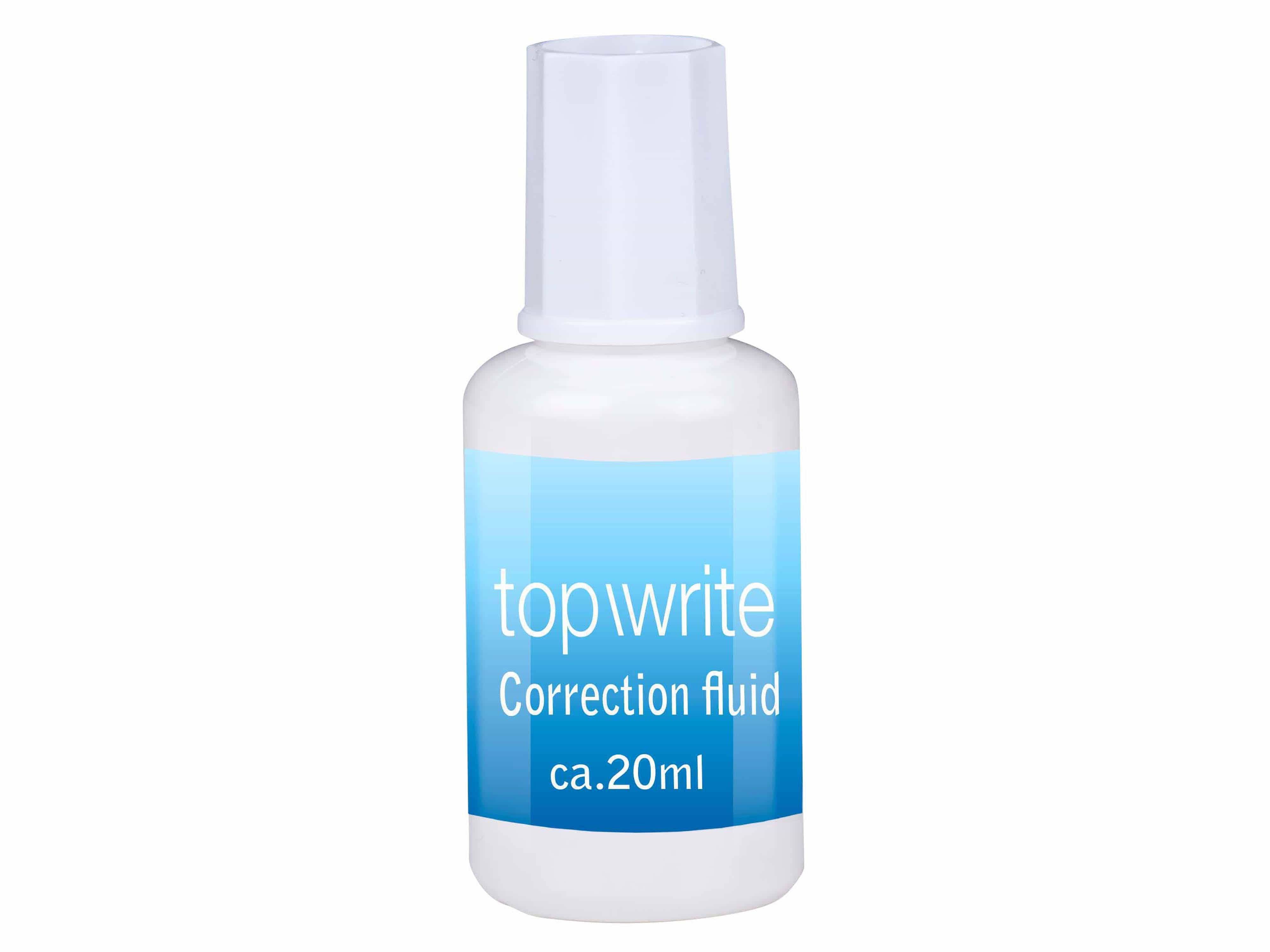 Eine kleine, weiße Kunststoffflasche mit der Beschriftung „top write Korrekturflüssigkeit ca. 20ml.