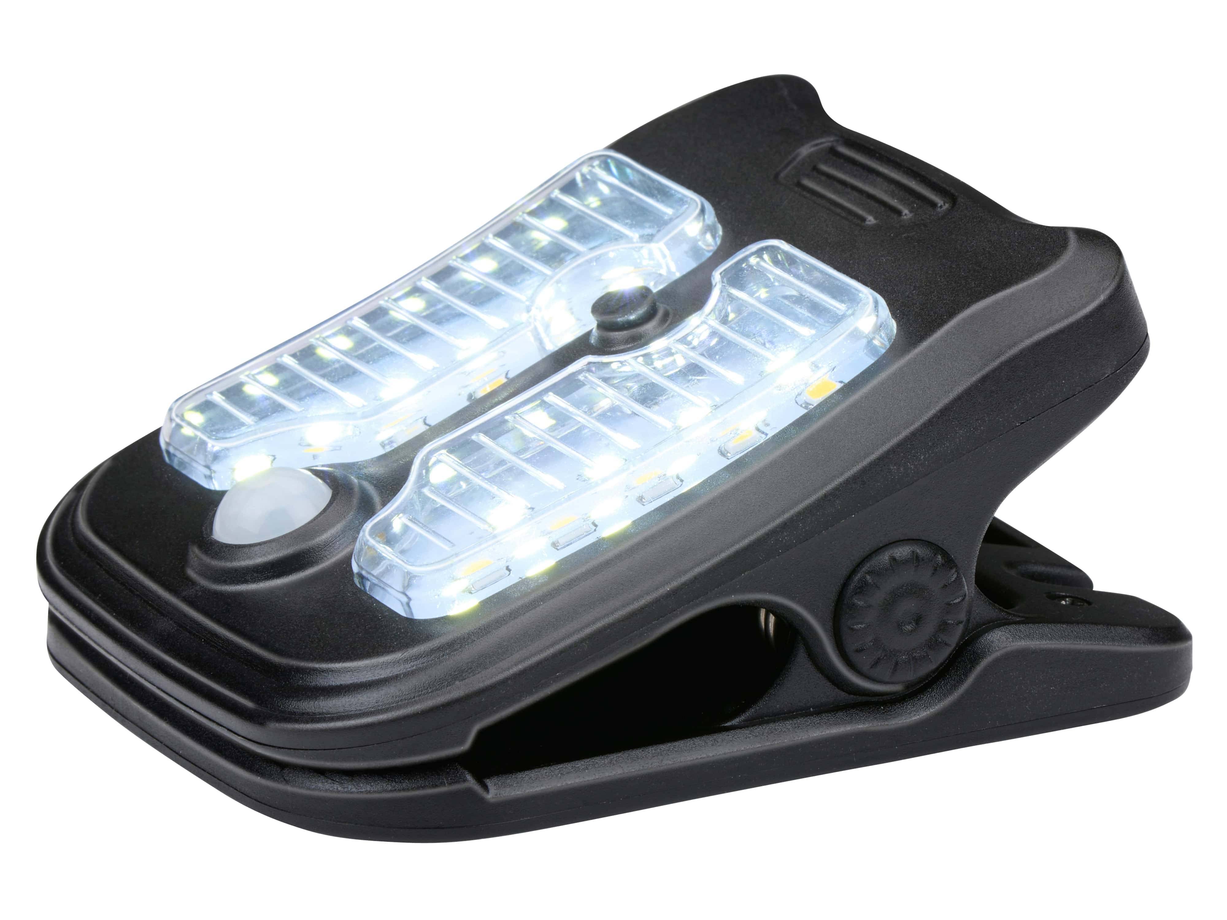 Eine schwarze LED-Stirnlampe mit Clip-Design, die mehrere helle LED-Leuchten in einem kompakten, gebogenen Gehäuse anordnet, um einfaches Anbringen zu ermöglichen.