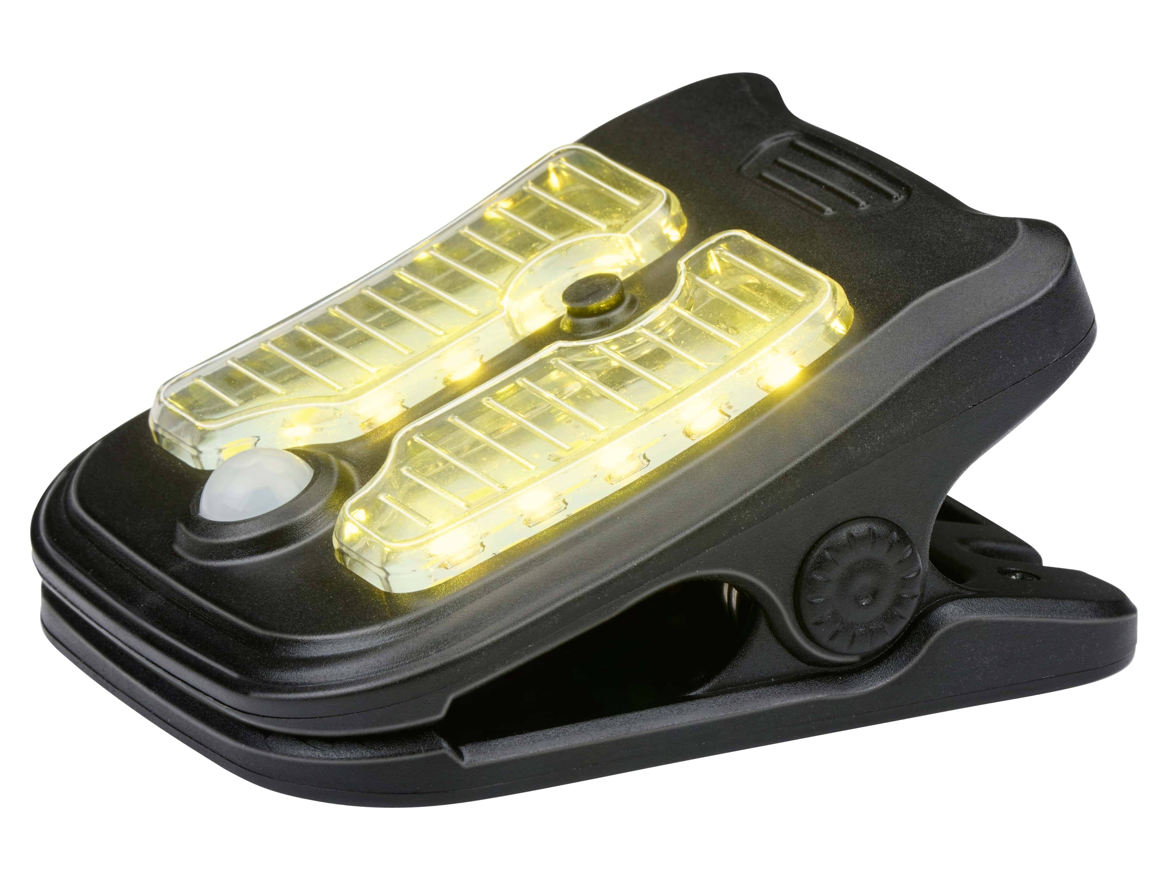 Eine LED-Leuchte zum Anclipsen mit einer flexiblen schwarzen Basis, ausgestattet mit hellen gelben Lichtern, die in einem doppelstreifen-Muster für die Beleuchtung angeordnet sind.