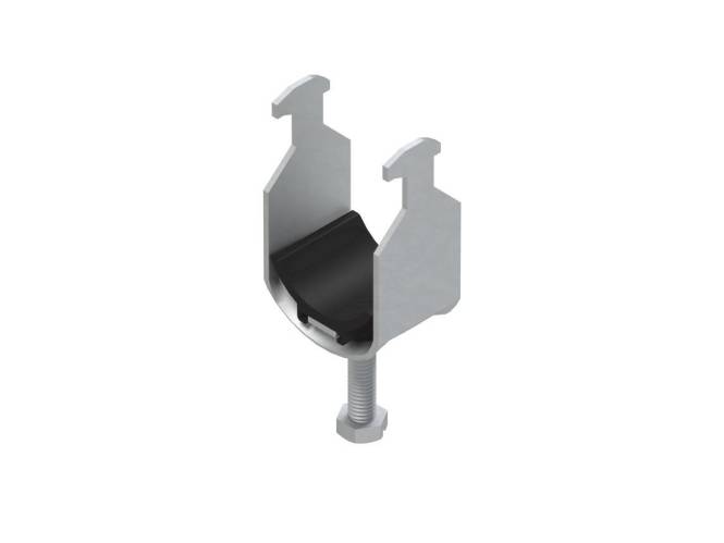 Ein Metallklemme mit einem Gewindbolzen und einer gekrümmten Stütze, die konstruiert ist, um ein Objekt sicher zu halten.