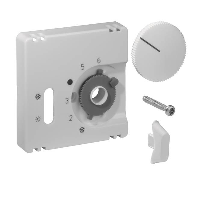 Thermostat-Drehregler mit nummerierten Einstellungen 1 bis 6, einer kleinen weißen Abdeckung und einer Schraube. Temperatursymbole zeigen Wärmeverstellungen an.