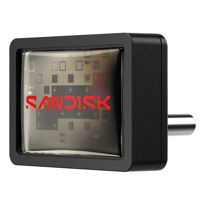 Eine SanDisk-Speicherkarte mit sichtbarem Metallstecker, mit einer reflektierenden Oberfläche, die schwache Schaltkreismuster zeigt.