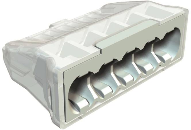 Ein transparenter Kunststoff-Steckverbinder mit fünf Anschlüssen, der interne Metallkontakte zeigt, die zum sicheren Verbinden von Elektrokabeln ausgelegt sind.