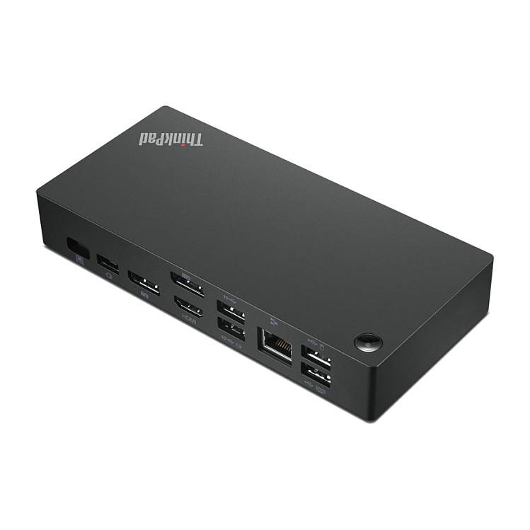Eine schwarze ThinkPad-Dockingstation mit mehreren Anschlüssen, einschließlich HDMI, USB und Ethernet, entwickelt zum Verbinden verschiedener Geräte.