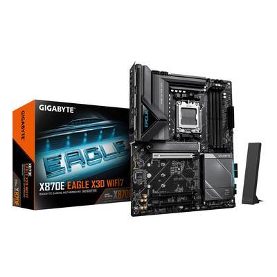 Ein GIGABYTE X870E Eagle X3D WIFI7-Motherboard, dargestellt mit seiner Verpackung und einer Antenne, mit einem fortschrittlichen Gaming-Design.