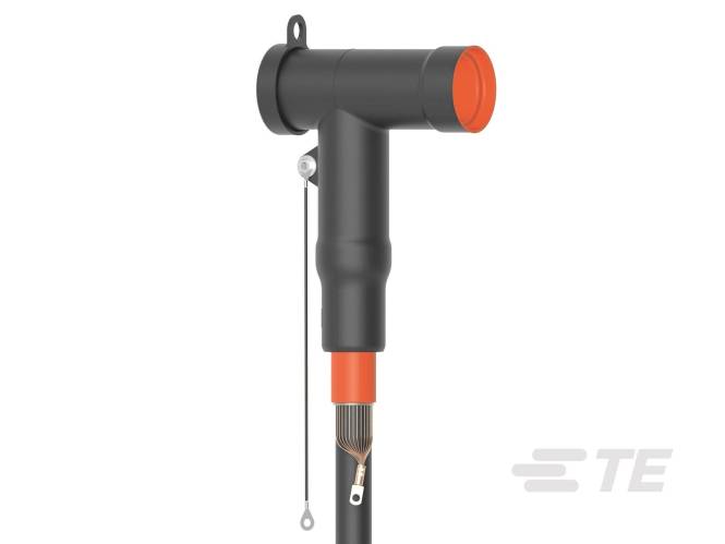 Bogenstecker mit angeflanschtem Spannungssensor für gasisolierte Schaltanlagen, mit schwarzem Gehäuse und isolierter orange Spitze.