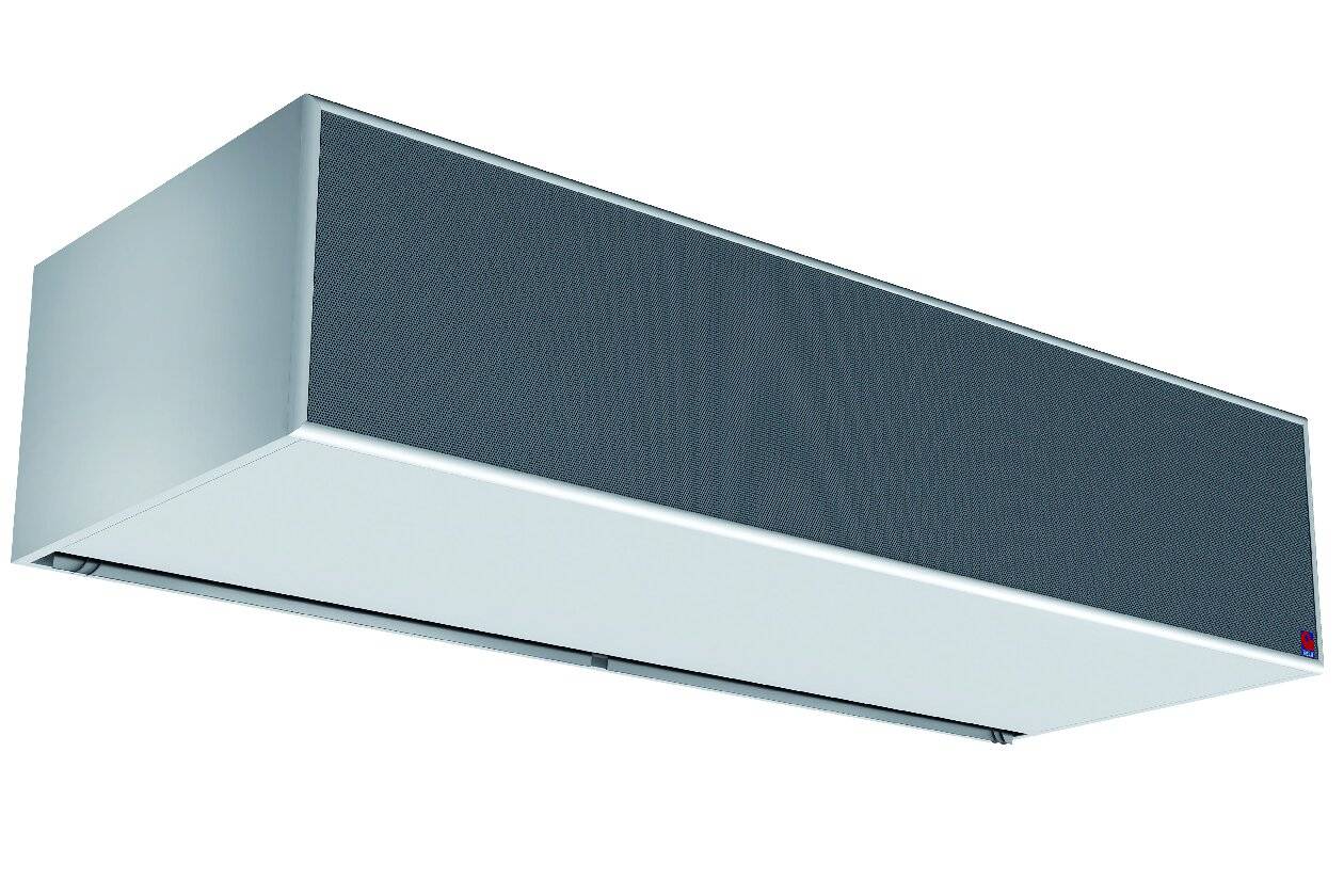 Rechteckige wandmontierte HVAC-Einheit mit dunklem Frontgitter und hellgrauem Gehäuse, perspektivisch auf weißem Hintergrund dargestellt.