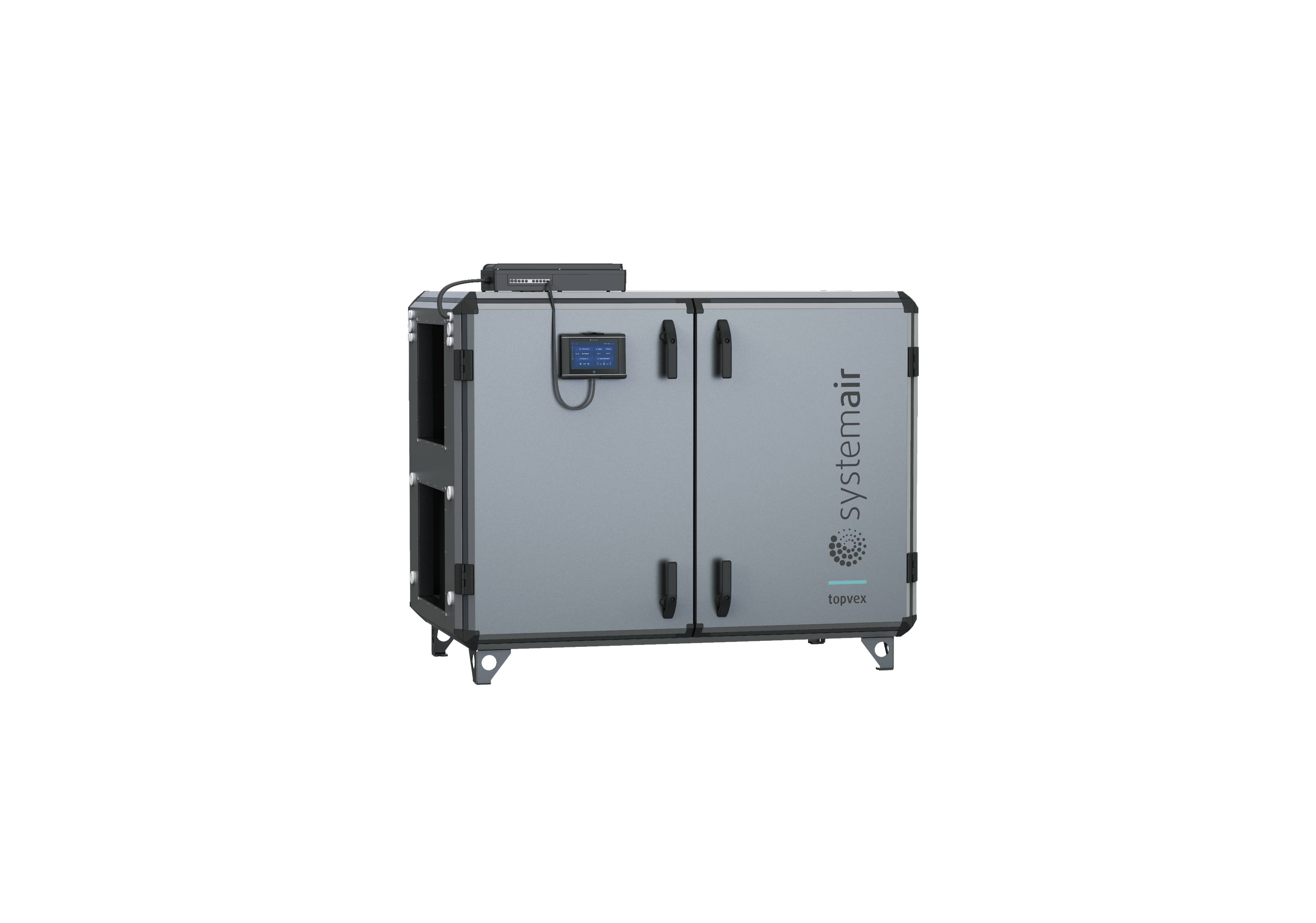 Industrielle Systemair HVAC-Einheit in einem grauen Metallgehäuse mit Türen, Griffen, Kontrollanzeige und „systemair
