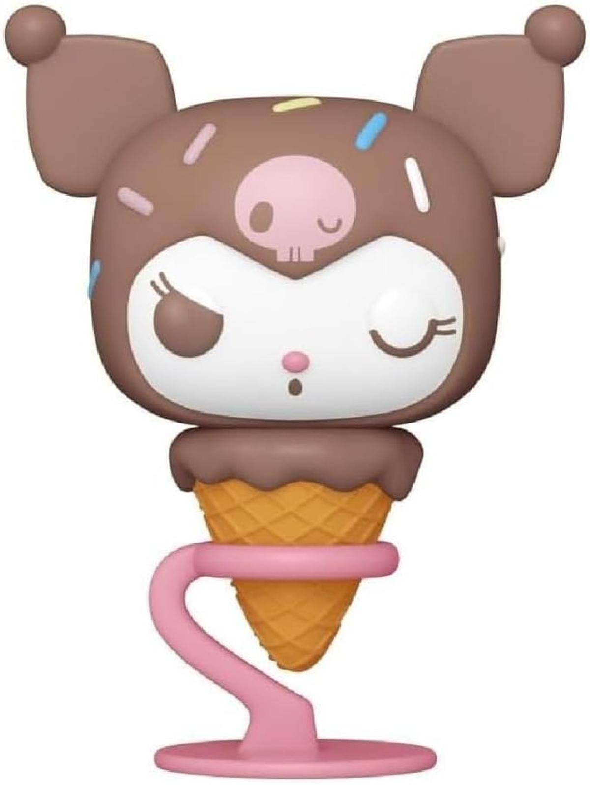 Eine Spielfigur in Form eines Eiscreme-Zapfens mit einem Tierkopf, großen Augen, einem kleinen rosa Schädel und einem bunten Schwanz.