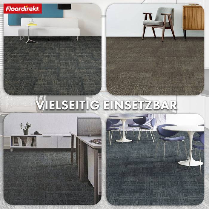 Das Bild zeigt verschiedene Büro- und Besprechungsraumszenen mit grauen Teppichfliesen und hebt deren Vielseitigkeit für unterschiedliche Räume hervor.