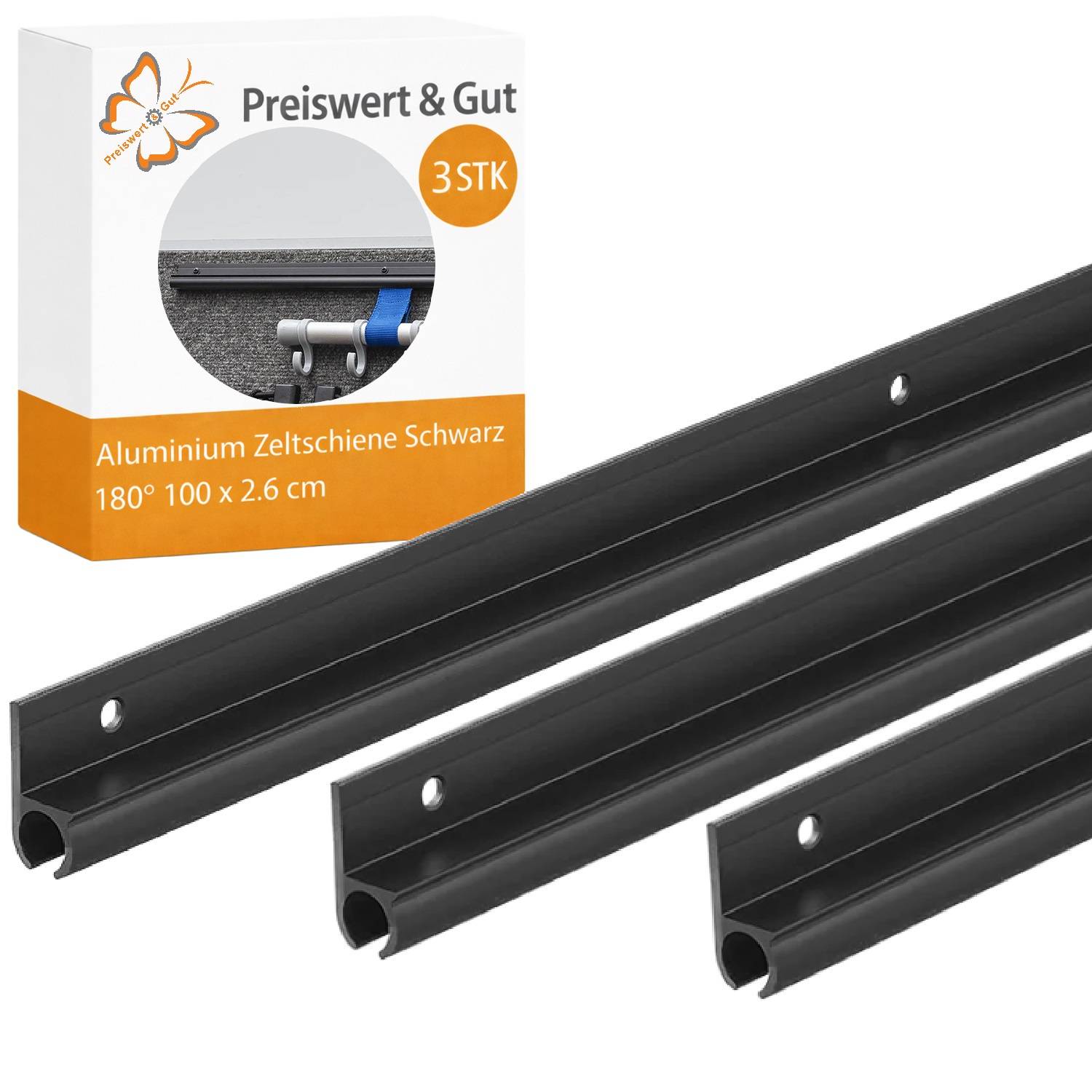 Schwarze Aluminium-Führungsschienen, drei Stück, je 100 cm. Verpackungstext: „Preiswert & Gut, 3 STK, Aluminium 100 x 2,6 cm Schwarz