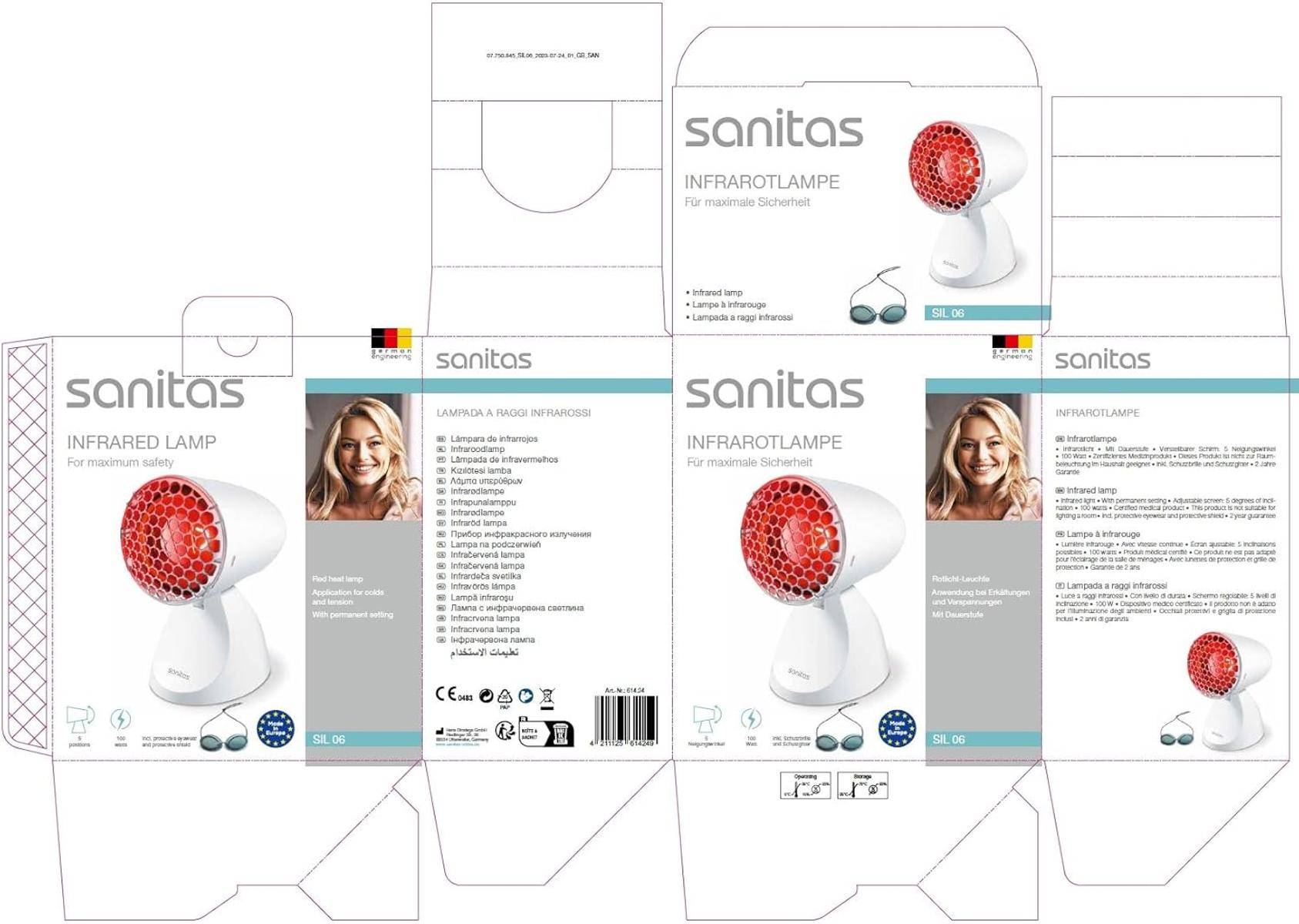 Sanitas Infrarotlampe - Verpackungsbild mit einer Infrarotlampe mit rotem Licht, Unternehmenslogo, Produktmerkmalen und einer lächelnden Person.