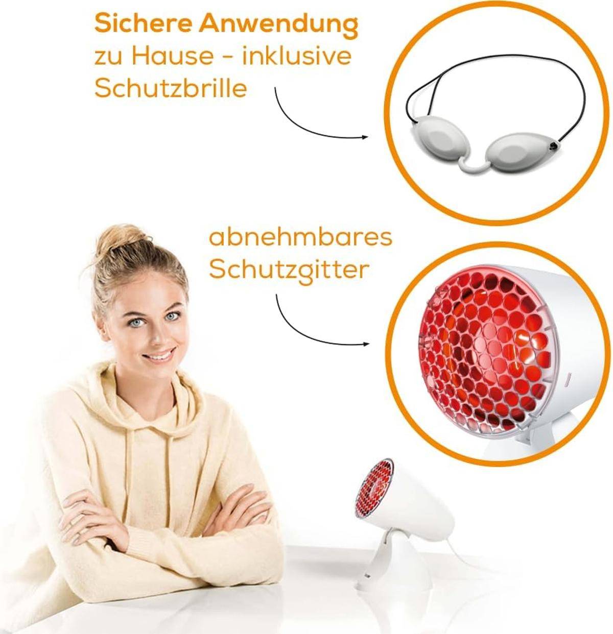 „Eine Frau, die ein Rotlicht-Therapiegerät mit Schutzbrille und abnehmbarem Schutzcover für sichere Anwendung zu Hause verwendet, wie in der Abbildung dargestellt.