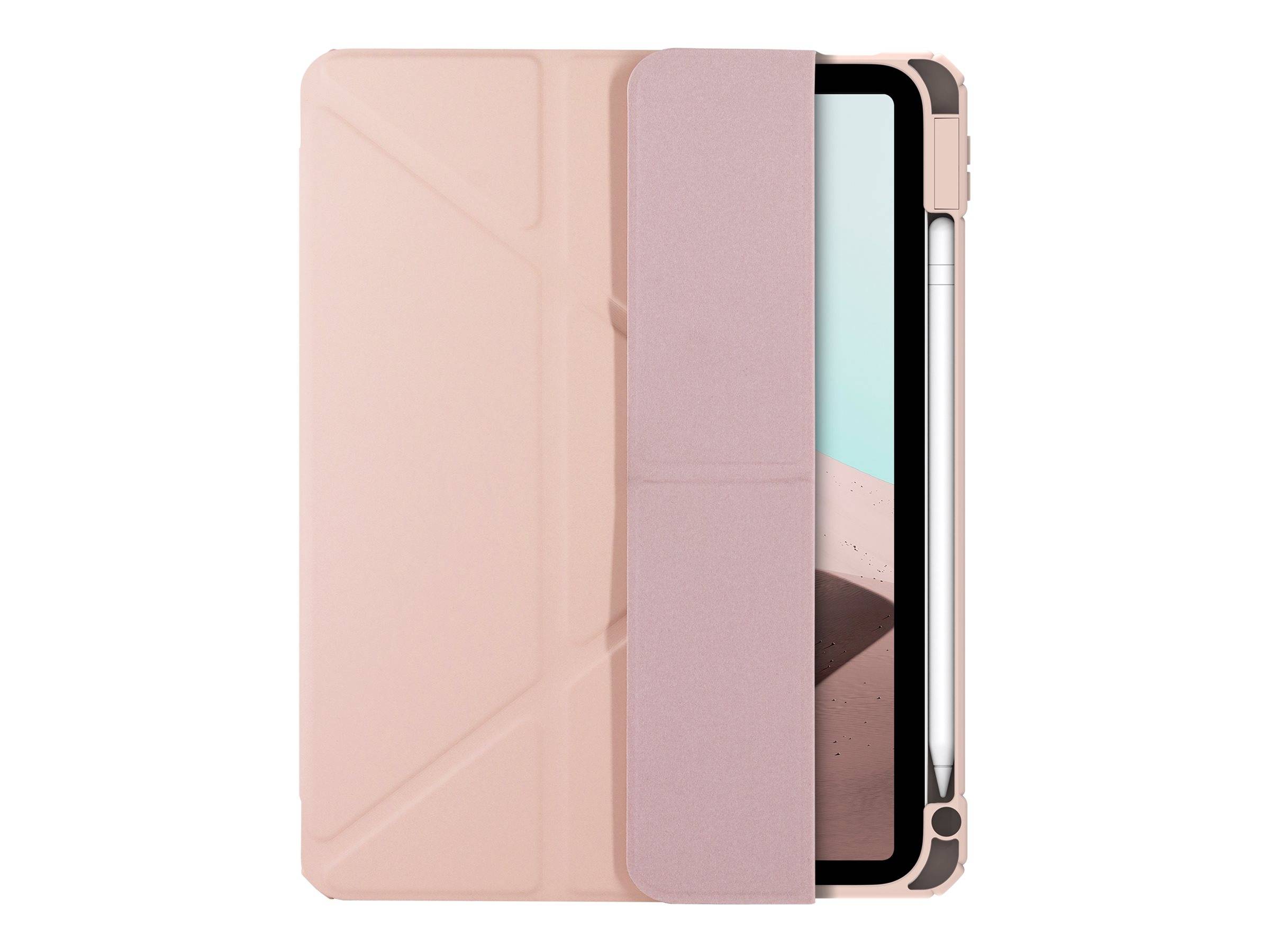 Rosa Tablet-Schutzhülle leicht geöffnet, mit einem Stift am rechten Rand gelagert.