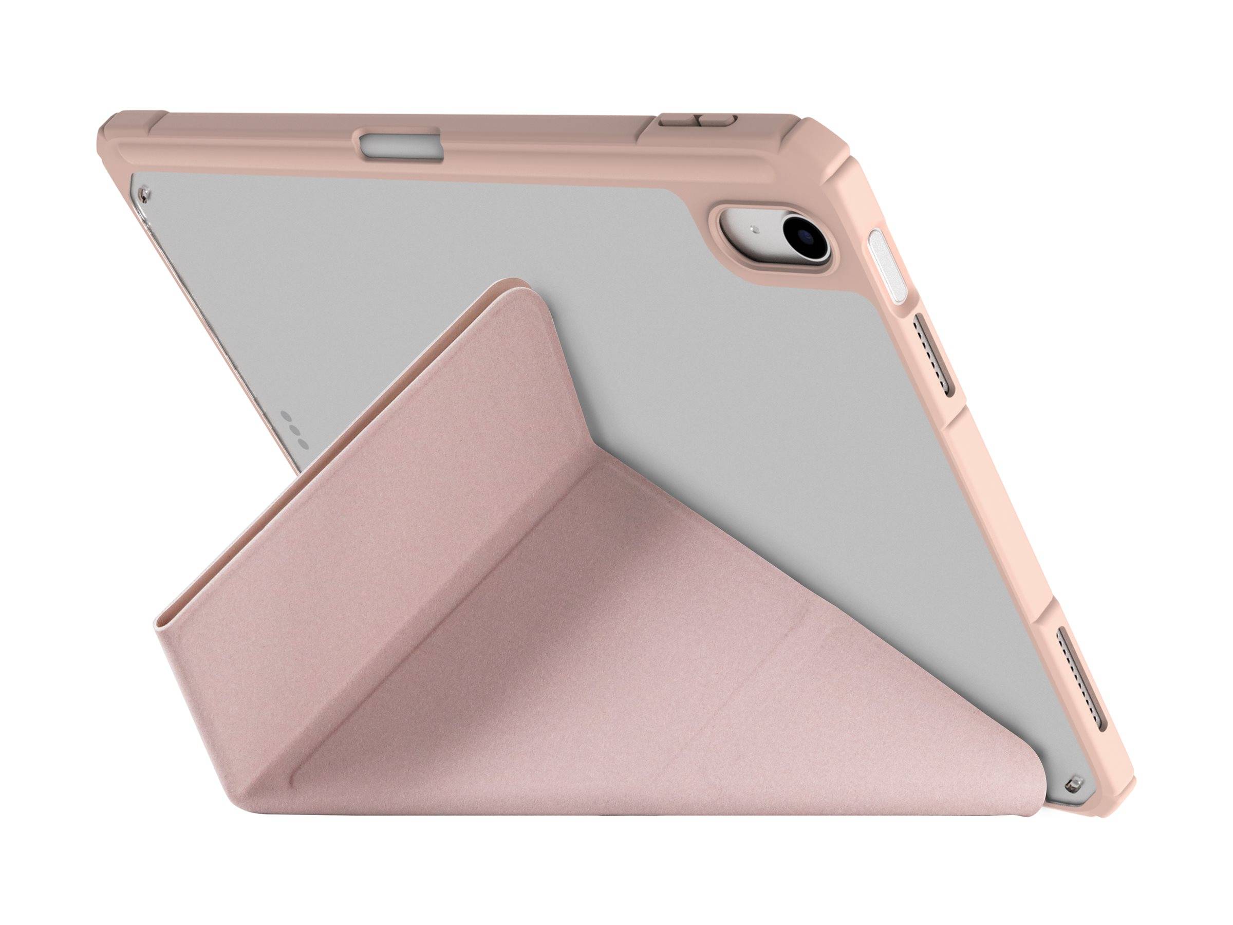 Ein rosa Tabletschutzhülle steht aufrecht und stützt ein Tablet in eine Betrachtungsposition. Die Hülle hat ein minimalistisches Design mit einem hellem Rosaton.