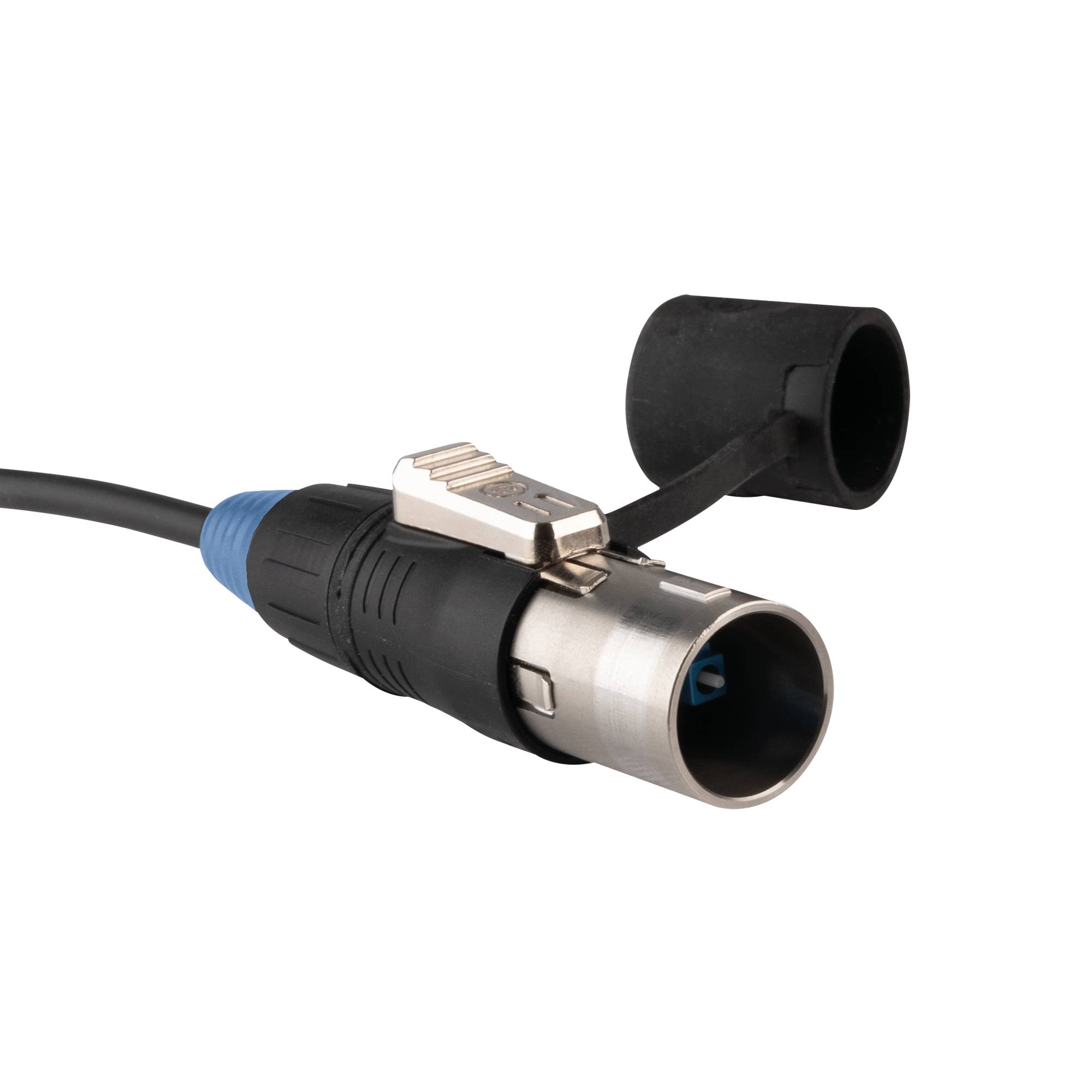 Eine Nahaufnahme eines XLR-Kabels mit entfernter Schutzkappe, die seinen dreipoligen Stecker zeigt, der für Audiogeräteverbindungen verwendet wird.