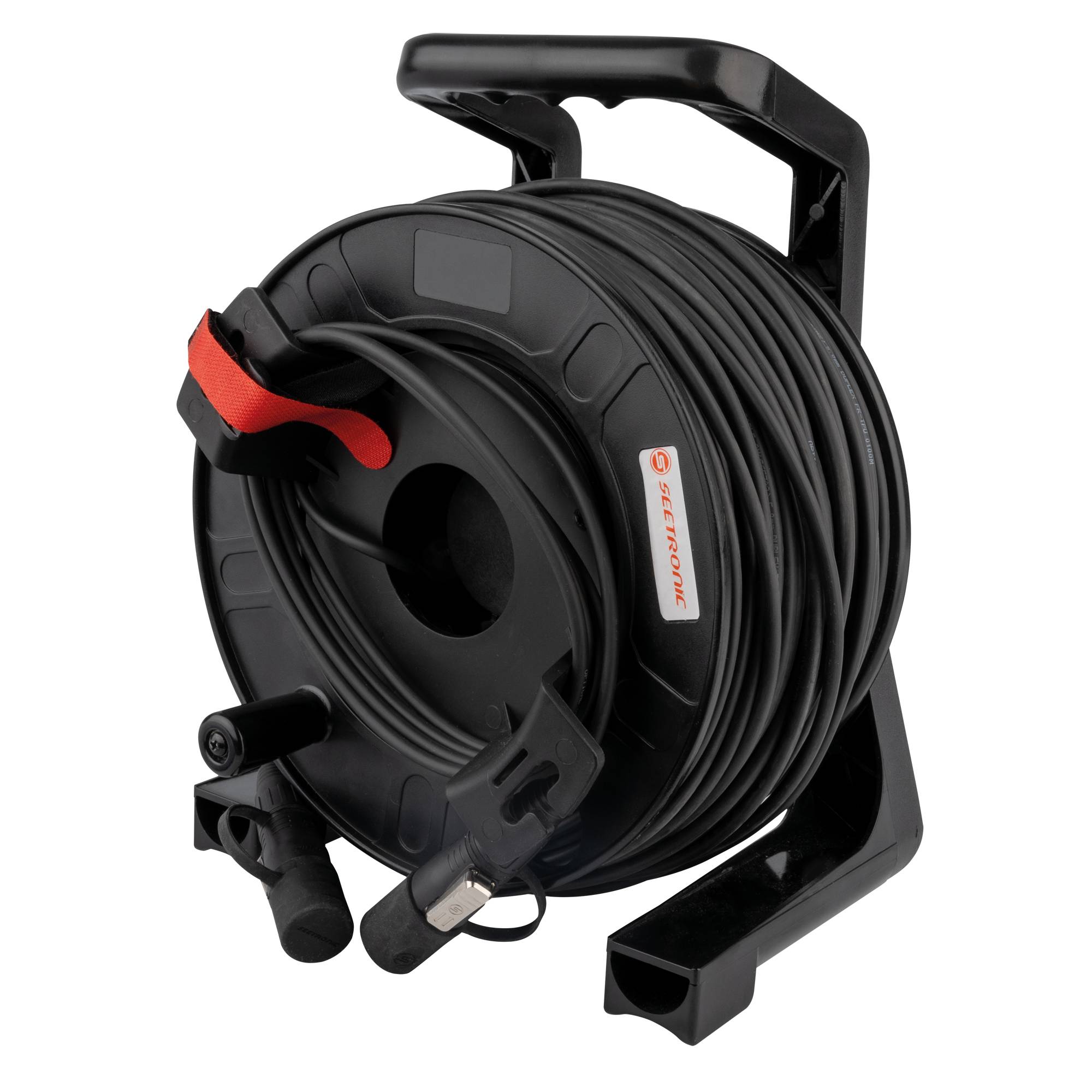 Eine schwarz-rote Gartenschlauchrolle mit einem langen, aufgewickelten Schlauch und Düse, entworfen für einfache Lagerung und Organisation in einer Gartenumgebung.