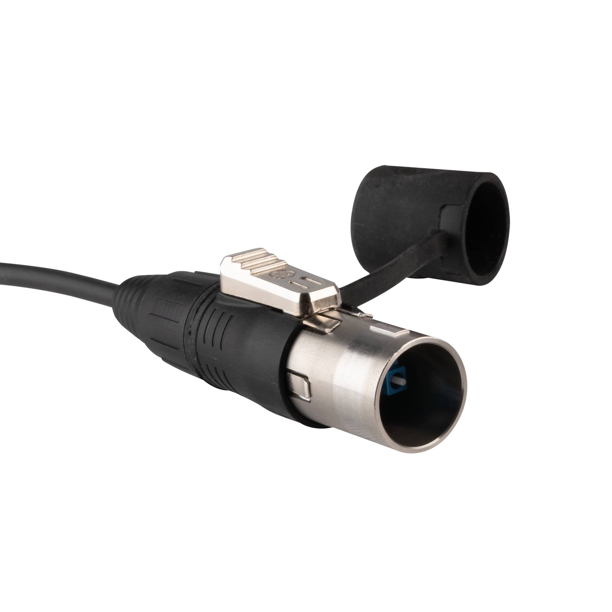 Ein schwarzes XLR-Kabel mit einem silbernen Stecker, teilweise herausgezogen, auf schwarzem Hintergrund.