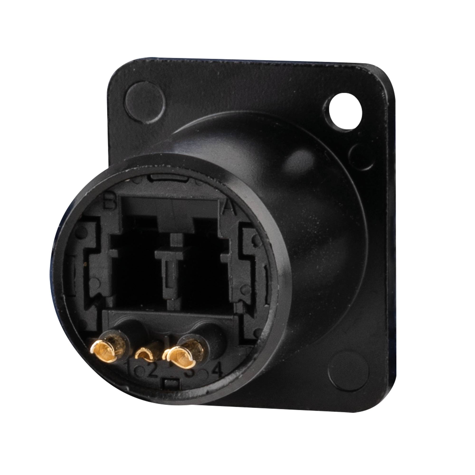 Großaufnahme einer schwarzen runden Steckerbuchse mit vier vergoldeten Stiften, montiert auf einer quadratischen Basis, vor einem dunklen Hintergrund.