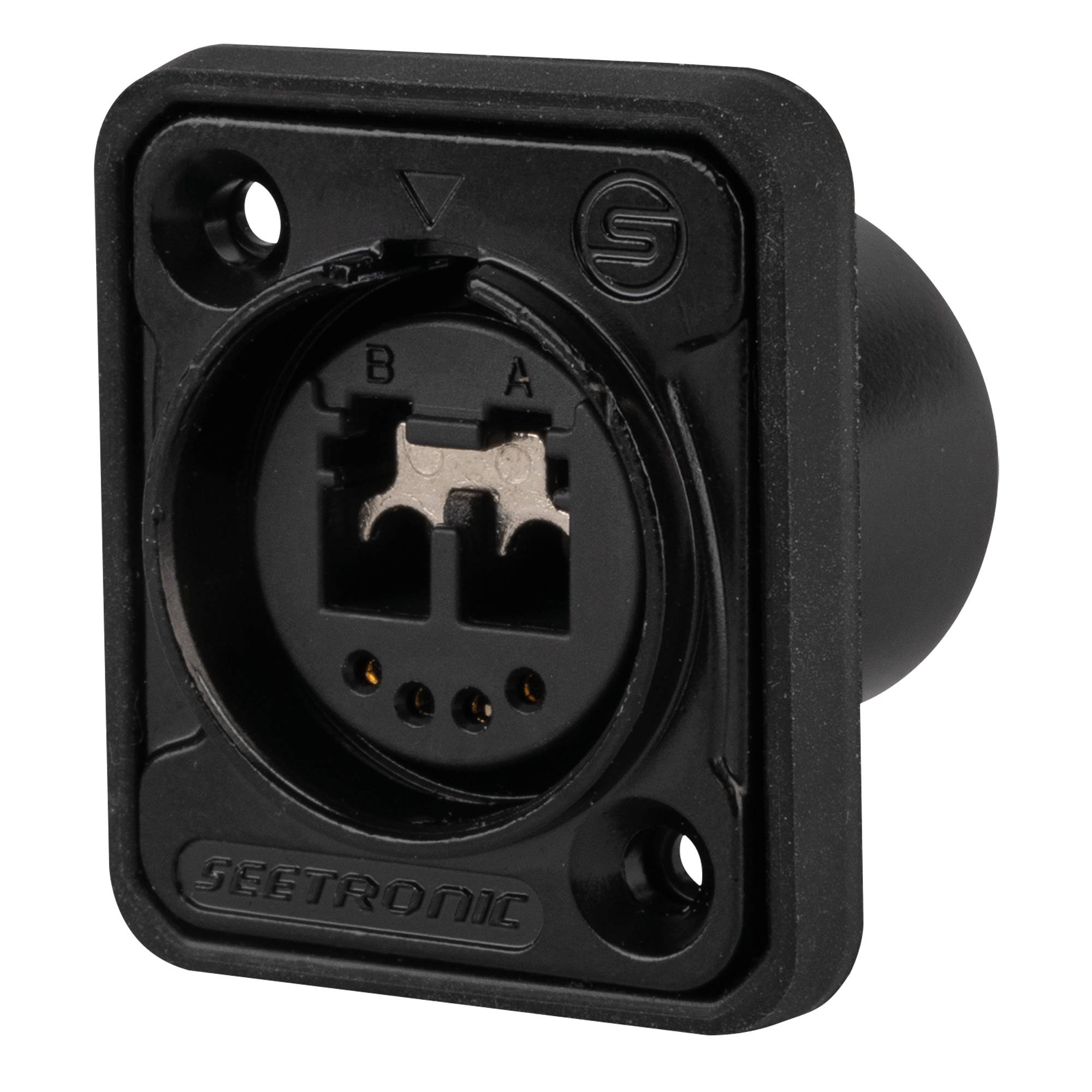 Ein schwarzer Neutrik Ethercon RJ45-Steckverbinder für Frontplattenmontage mit sichtbaren vergoldeten Kontakten und deutlich gekennzeichneten A- und B-Beschriftungen für Ethernet-Verbindungen.