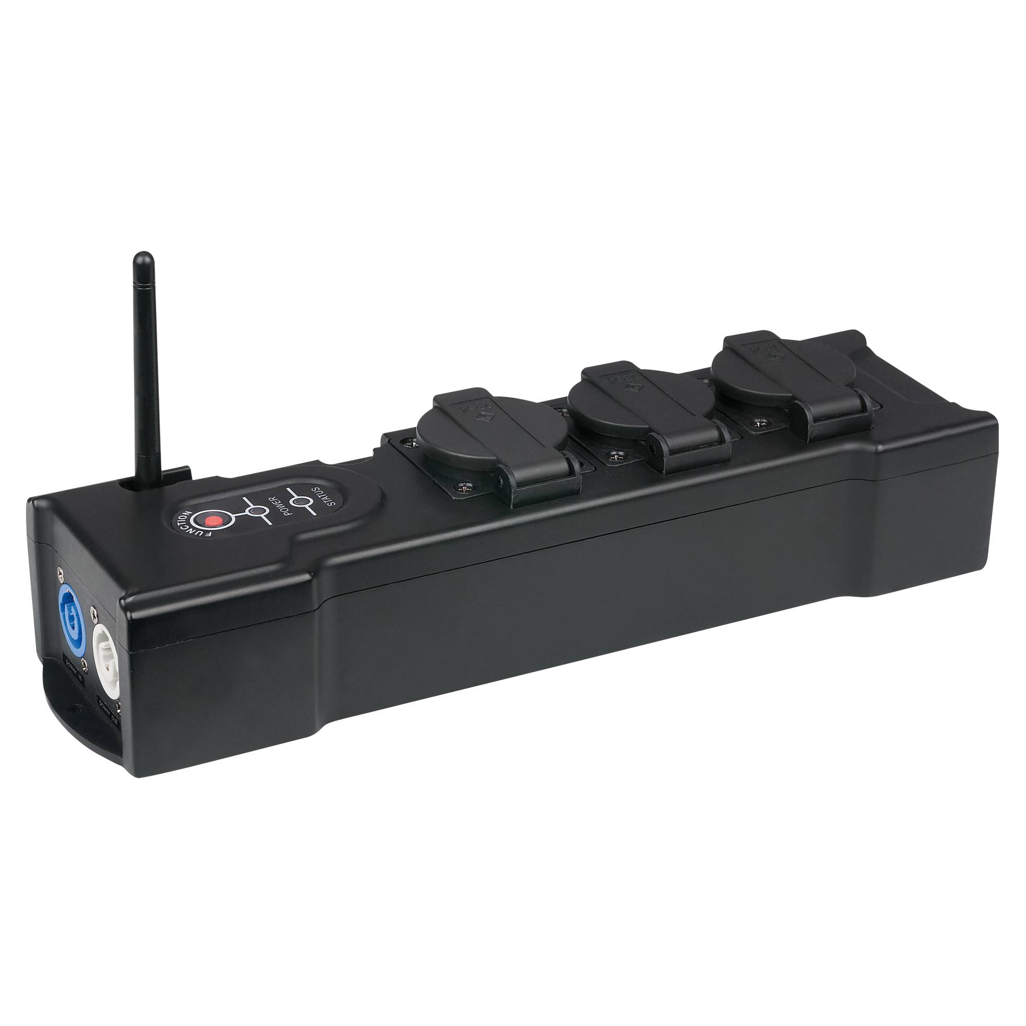 Ein schwarzes Steckerleistenboard mit mehreren Steckdosen und einer Reset-Taste. Es verfügt über eine Wi-Fi-Antenne, die auf intelligente Konnektivität hindeutet.