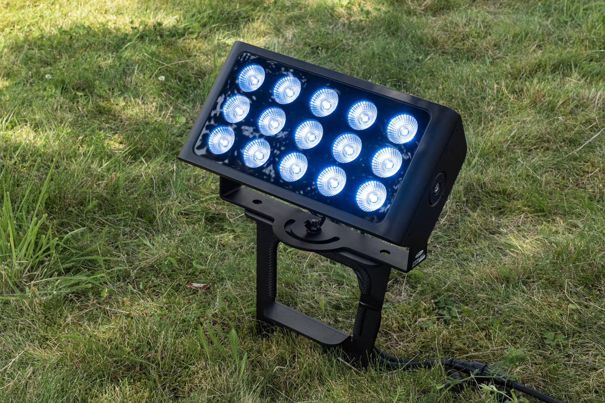 Eine schwarze LED-Außenleuchte mit mehreren hellen weißen Lichtern ist auf Gras aufgestellt und beleuchtet die umliegende Fläche.