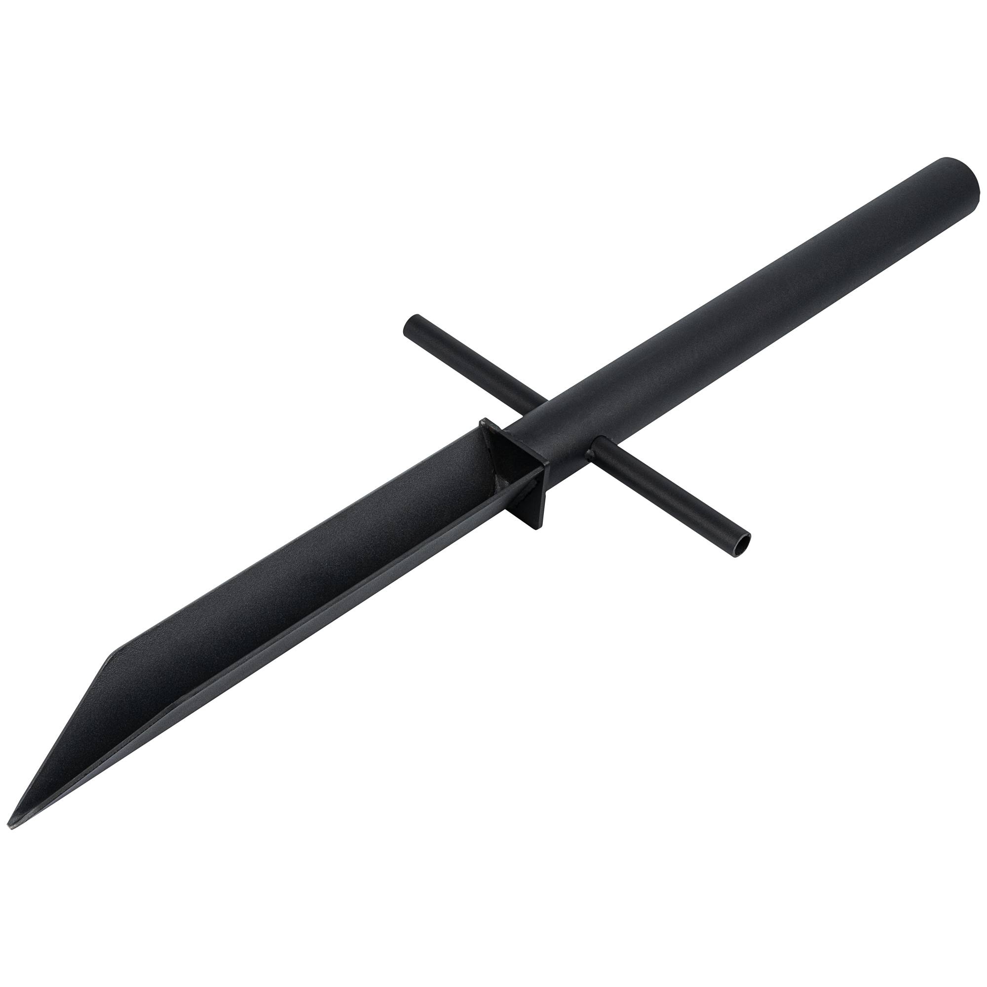 Ein schlanker, moderner schwarzer Dolch mit zylindrischem Griff und minimalem Design vor dunklem Hintergrund.