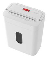 Ein weißer Papierschredder mit einem sichtbaren Schlitz oben und einem Fenster an der Vorderseite zur Überwachung des Inhalts, konzipiert für den Heimat- oder Bürogebrauch.