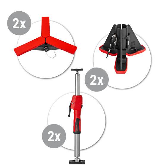 Ein Wagenheber-Set mit einem hydraulischen Wagenheber und drei roten, dreieckigen Stützfüßen. Jedes Komponententeil ist mit „2x