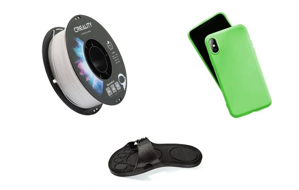 Spule für 3D-Druckfilament, Smartphone-Hülle und Sandalensohle nebeneinander angezeigt, die vielfältige 3D-gedruckte Objekte darstellen.