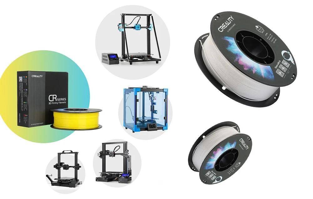 3D-Drucker und Filamentspulen in verschiedenen Farben und Stilen, einschließlich der Marke Creality, die Optionen für additive Fertigung zeigen.